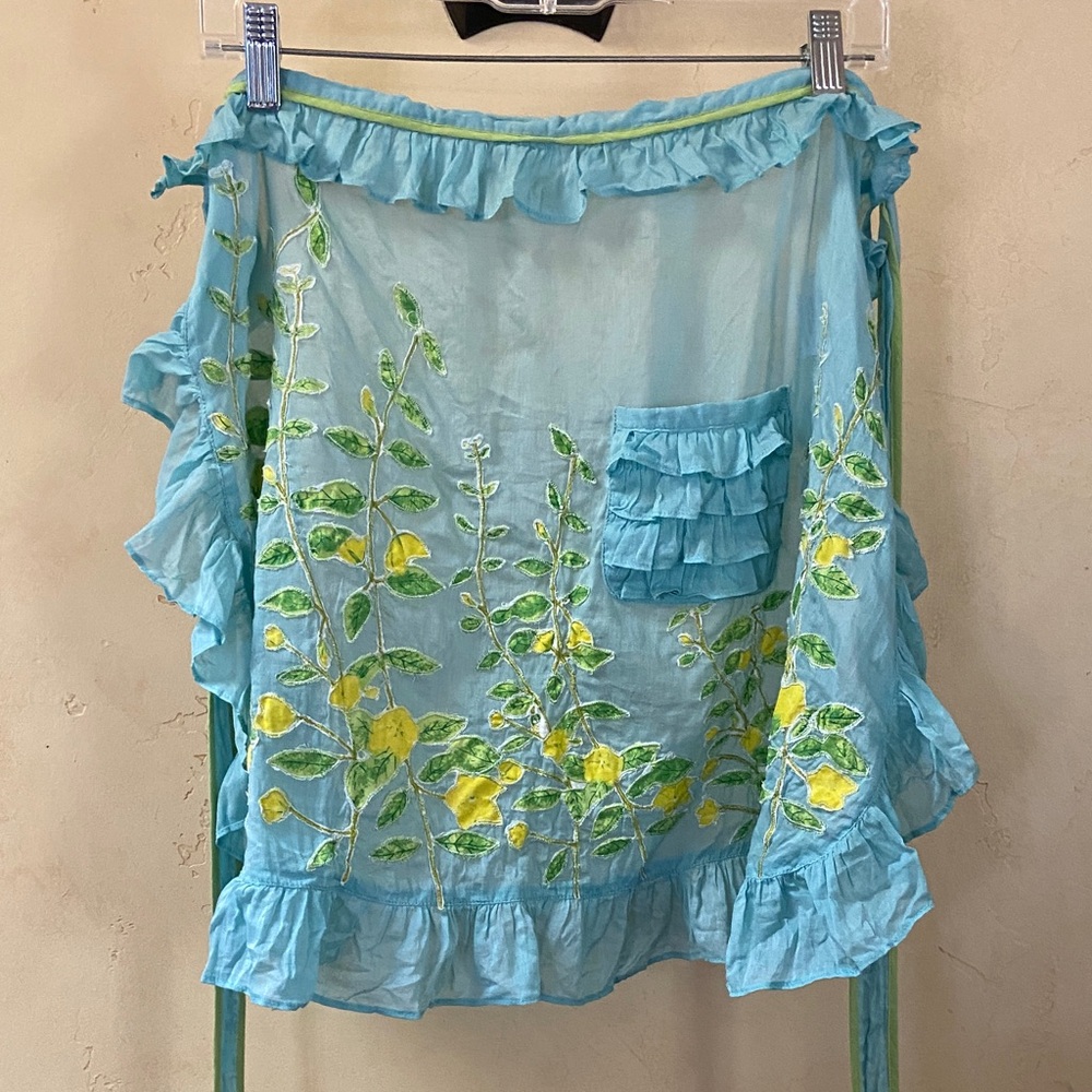 OSFA Anthropologie Blue Floral Ruffled Apron 100% Cotton